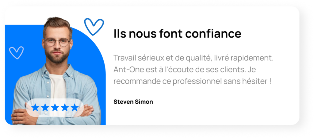 Travail sérieux et de qualité, livré rapidement. Ant-One est à l'écoute de ses clients. Je recommande ce professionnel sans hésiter !